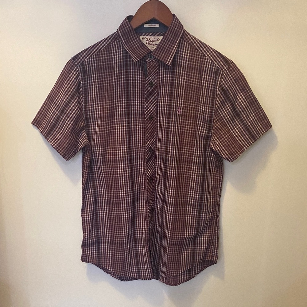 Original Penguin Men's Short-Sleeve Plaid Button-Down Shirt - Burgundy & White